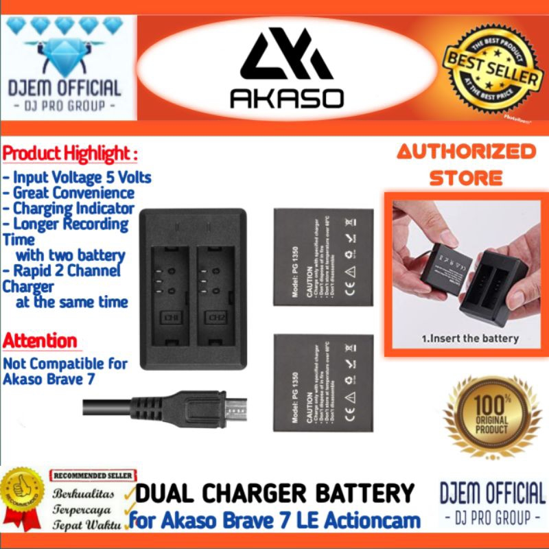 AKASO Brave 7 LE Dual Charger + 2 Battery Kit Camera Actioncam Akaso Brave 7LE 4K Wifi Baterai Kamer