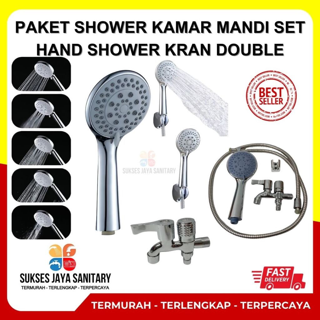 5 in 1 Paket Shower Kamar Mandi Set Hand Shower Kran Double Stainless Drat 1/2" Plastik Selang