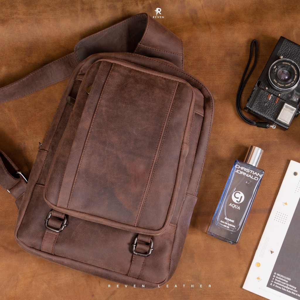 Waist bag pria-tas selempang pria kulit asli Garut