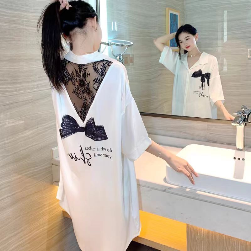 Dress tidur korea wanita jumbo piyama dress renda sexy sutra es longgar bumil busui friendly
