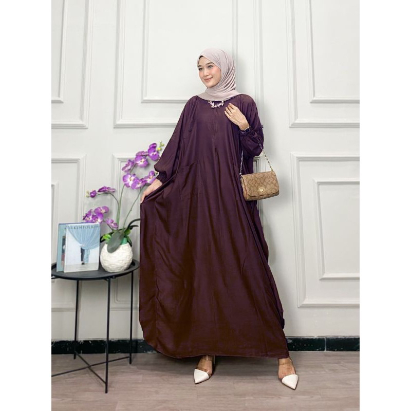 Kaftan Wanita - Daunda Kaftan Size Jumbo XXXXL Motif Daun Lengan Panjang Busui Resleting by Nadira_Fashion / Gamis Rayon Jumbo Kaftan Terbaru-Polos drag coco