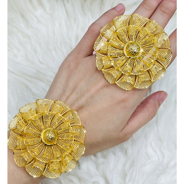 gelang plus cincin bunga bulat besar elegant emas asli kadar 700