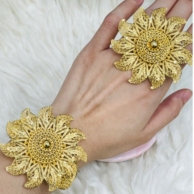 gelang plus cincin bunga matahari besar mewah emas asli kadar 700 &amp; 875