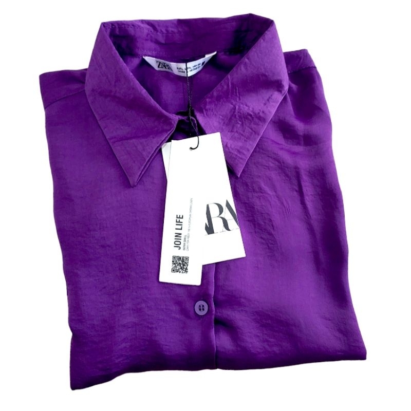Original New Zara Kemeja Wanita Satin Silk Crinkle Polos Ungu Terong Jumbo Oversize Big Size