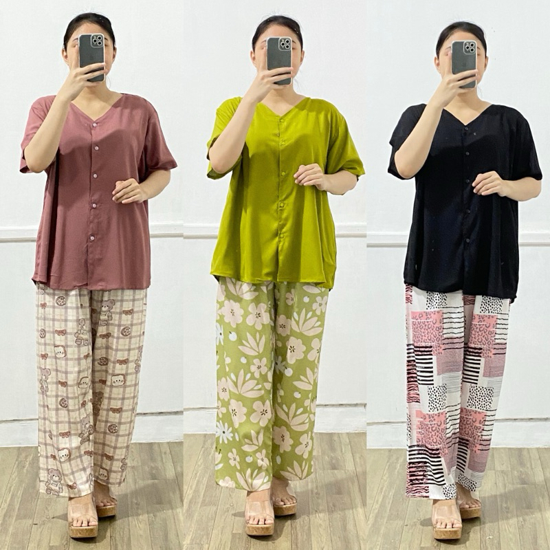 ONESET LAURA | SET LAURA LD 120 | SETELAN VNECK POLOS MOTIF | PIYAMA VNECK POLOS MOTI