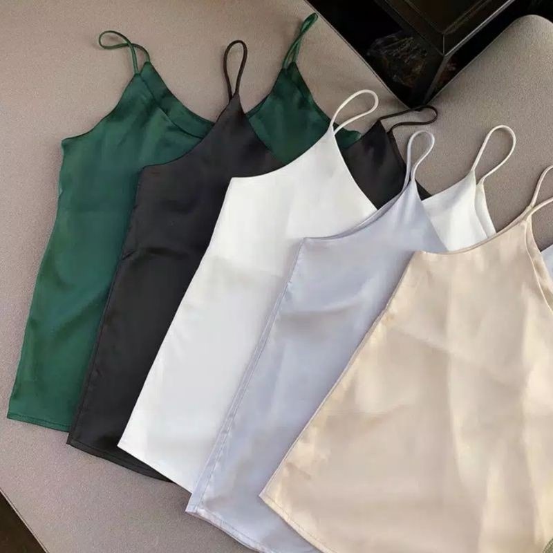 HANAMIKA - Tank Top Satin Wanita | Tanktop Korea | Tanktop V Neck