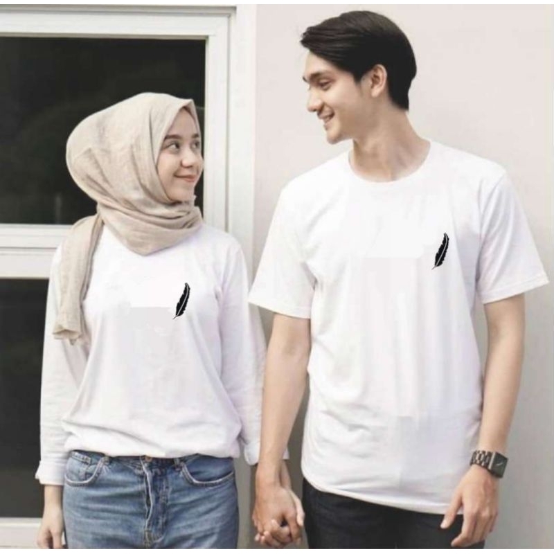 kaos baju couple(HARGA SATUAN) motif bulu ayam dewasa laki perempuan putih lengan pendek dan panjang