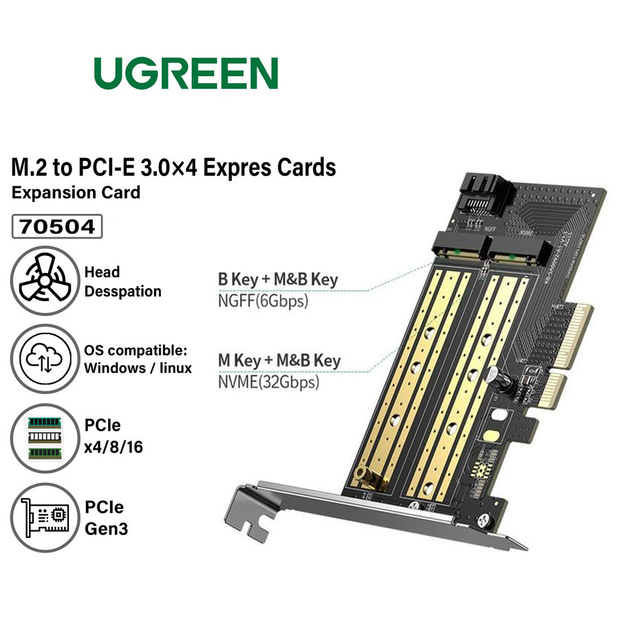UGreen 70504 SSD M.2 2280/ 2242 M.2 Sata NVMe to PCI-E 3.0 X4 Expansion Card