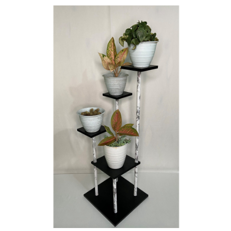 RAK BUNGA MINIMALIS POT SUSUN DEKORASI LANTAI TINGKAT 4 BESAR KOTAK HITAM MARMER PUTIH