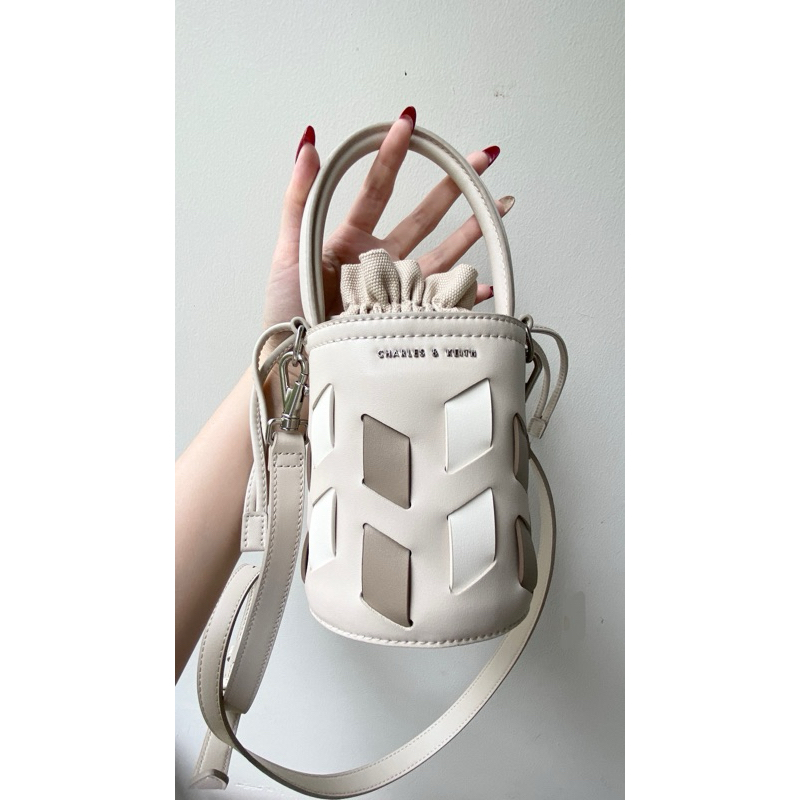 Charles & Keith Canvas Panelled Bucket Bag - Beige PL with dusbag 100% authentic