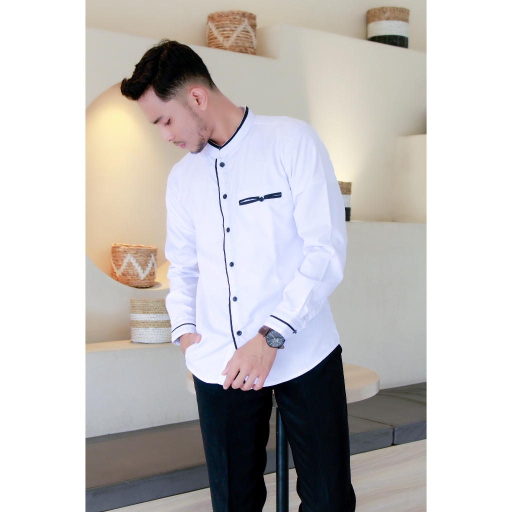 Baju Koko Pria Lengan Panjang Original Elrumi Motif LC  Baju Koko Polos Putih