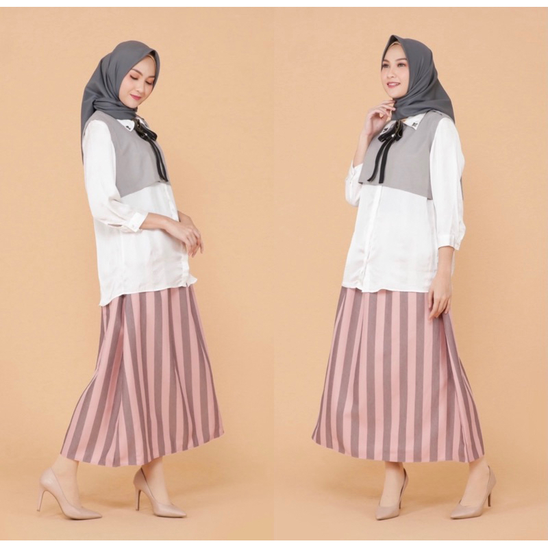 Rok panjang salur garis garis sage pink krem