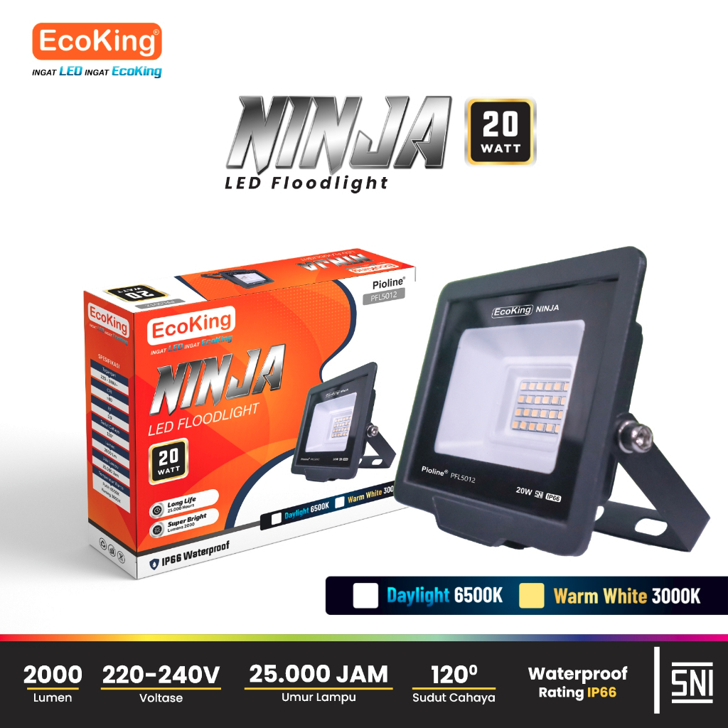 Lampu Sorot EcoKing Led Flood Light Ninja 20W Cahaya Putih Kuning