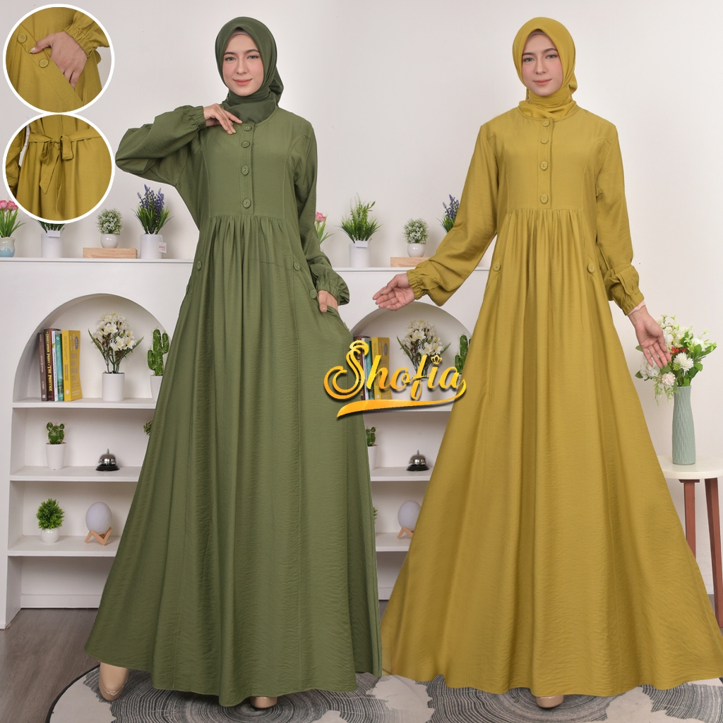 Gamis Pololinen Kancing Busuy 001/Baju Gamis Kekinian Saku Hidup/ Gamis Lebaran Wanita Terbaru/gamis