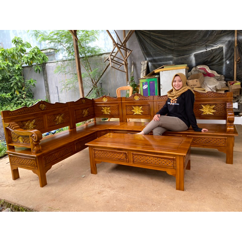 REAL PICT  Kursi Tamu Sudut Jati Ukir Bunga Gold (Kursi Tamu L kayu Jati, Kursi Tamu Jati Ukir, Kurs