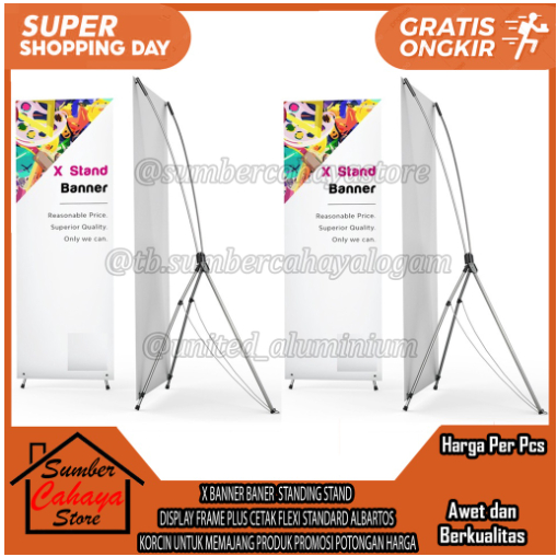RANGKA TIANG X BANNER + CETAK BANER PIPA BESI STANDING STAND FIBER HITAM DISPLAY FRAME PLUS CETAK FL