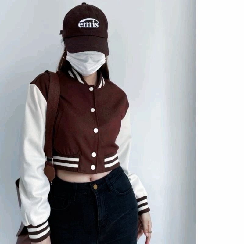 Jaket Baseball Varsity CROP Big Size ( S - 6XL ) Jacket Bisbol Croptop Kancing Bomber POLOS Ulzzang 