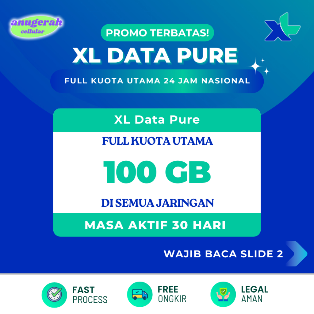 Promo Terbatas KUOTA XL DATA PURE 10GB - 100GB 30 Hari••