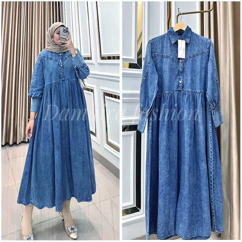 Dinar Gamis Dress Jeans Tunik Jumbo Wanita LD 110 LD 130 PJ 130