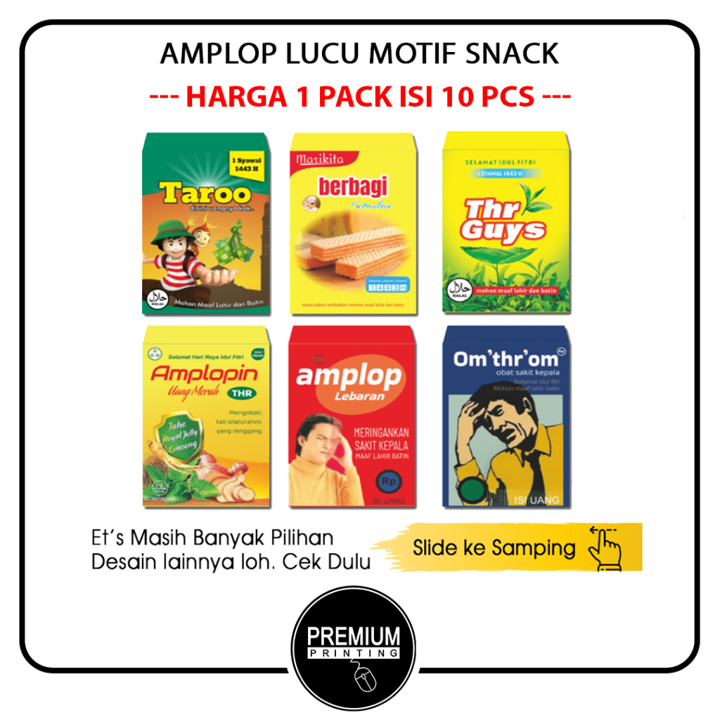 

AMPLOP LEBARAN IDUL FITRI UNIK MOTIF SNACK DAN OBAT PER PACK isi 10 pcs