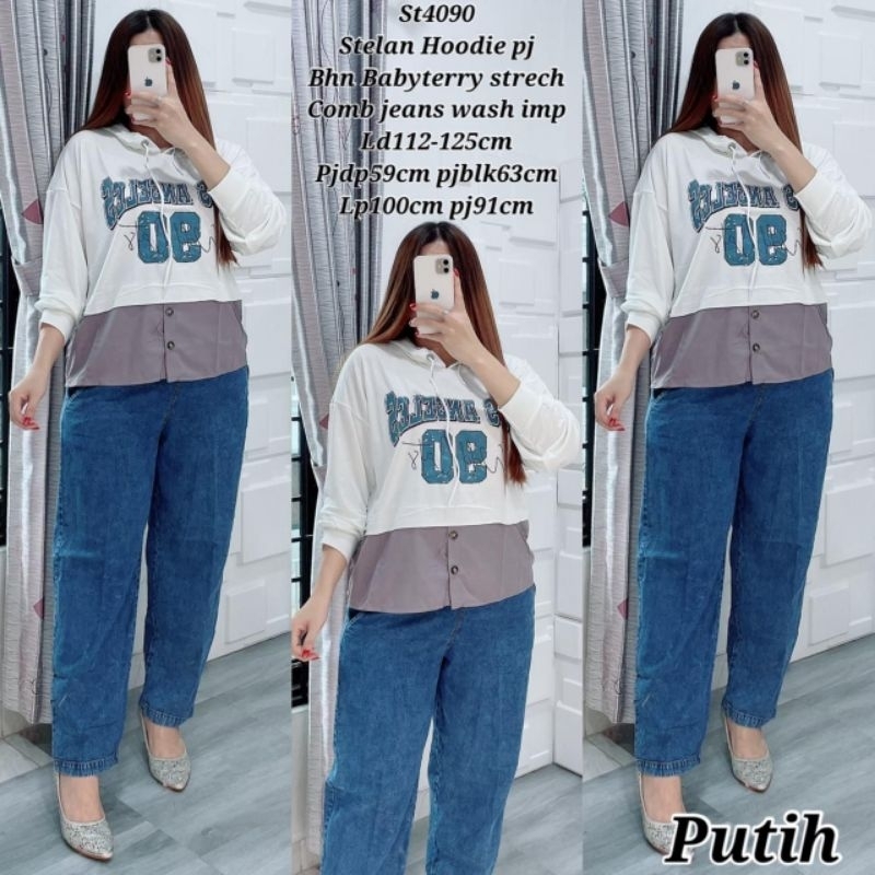 JJ ST4090 SETELAN HOODIE BAHAN BABYTERRY MIX JEANS WASH