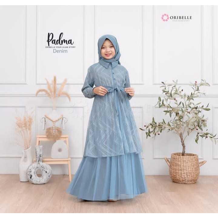 Gamis AnakTanggung  Usia 10 11 12 13 Tahun Padma Syari Set Hijab Dress Cardy Pashmina Cardigan Bahan