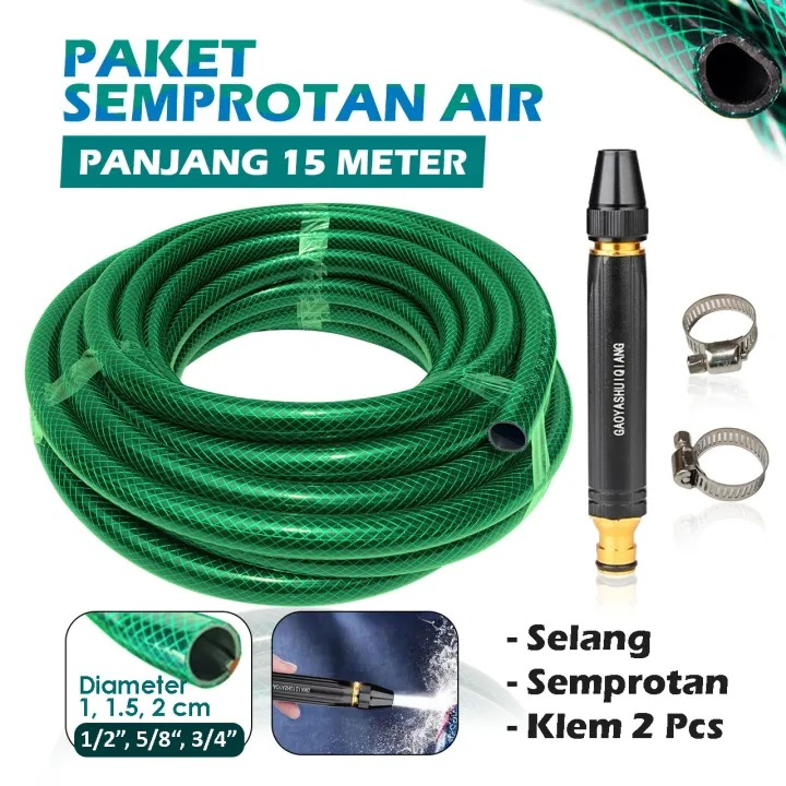 Paket Selang Air Benang Ukuran 1/2, 5/8, 3/4 Inch Anti Lumut 2, 5, 10 Meter + Semprotan Nozzle 7 Mod