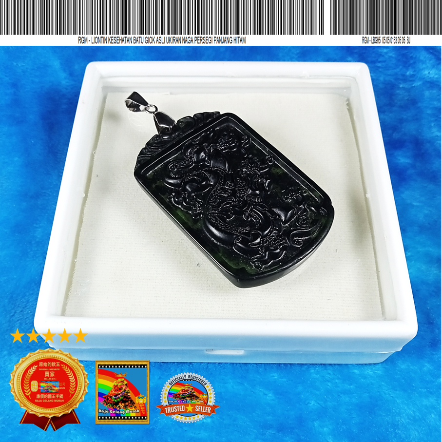 RGM Liontin Kesehatan Batu  Giok Asli Ukiran Naga Persegi Panjang Hitam