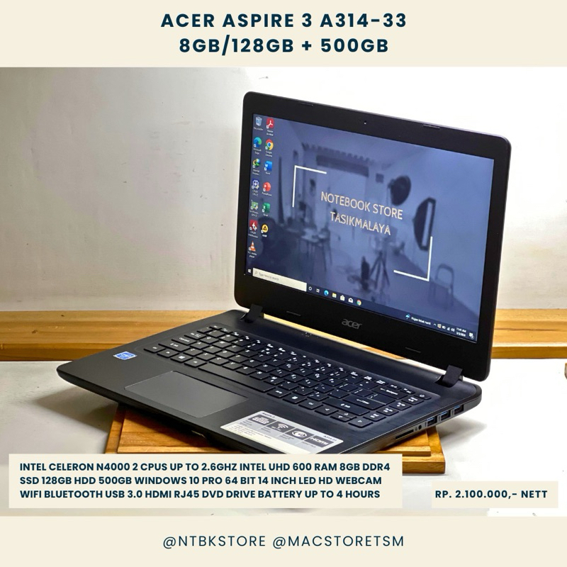 Acer Aspire 3 A314-33 celeron N4000 128GB SSD M.2 500 8GB DDR4 14 inc