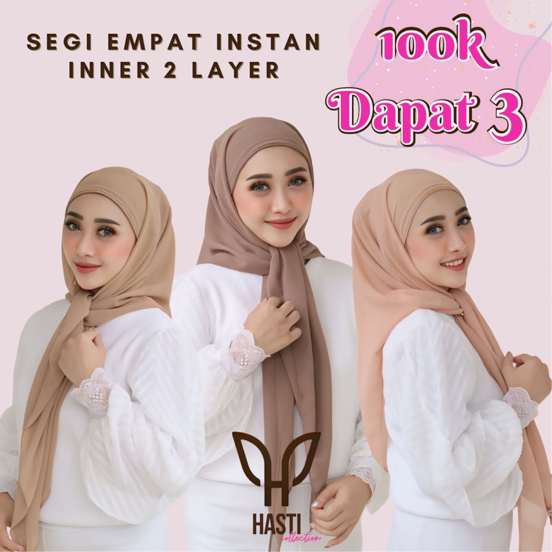 HIJAB SEGI EMPAT INSTAN 2 LAYER PLUS INNER 2IN1 | SEGITIGA INSTAN INNER 2IN1 | CERUTY BABYDOLL 120CM