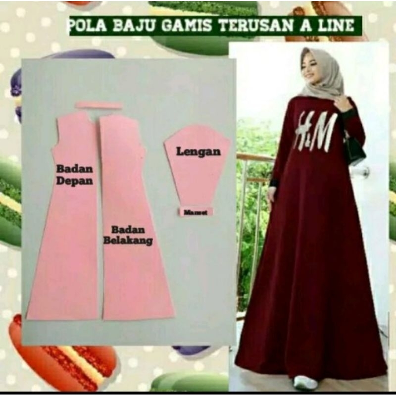 pola gamis terusan A line