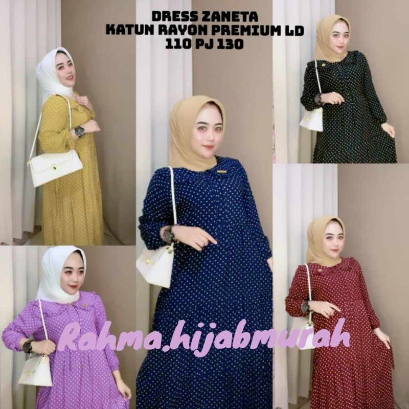 Dress zaneta polkadot// gamis rayon premium//busui resleting// karet kerah rempel