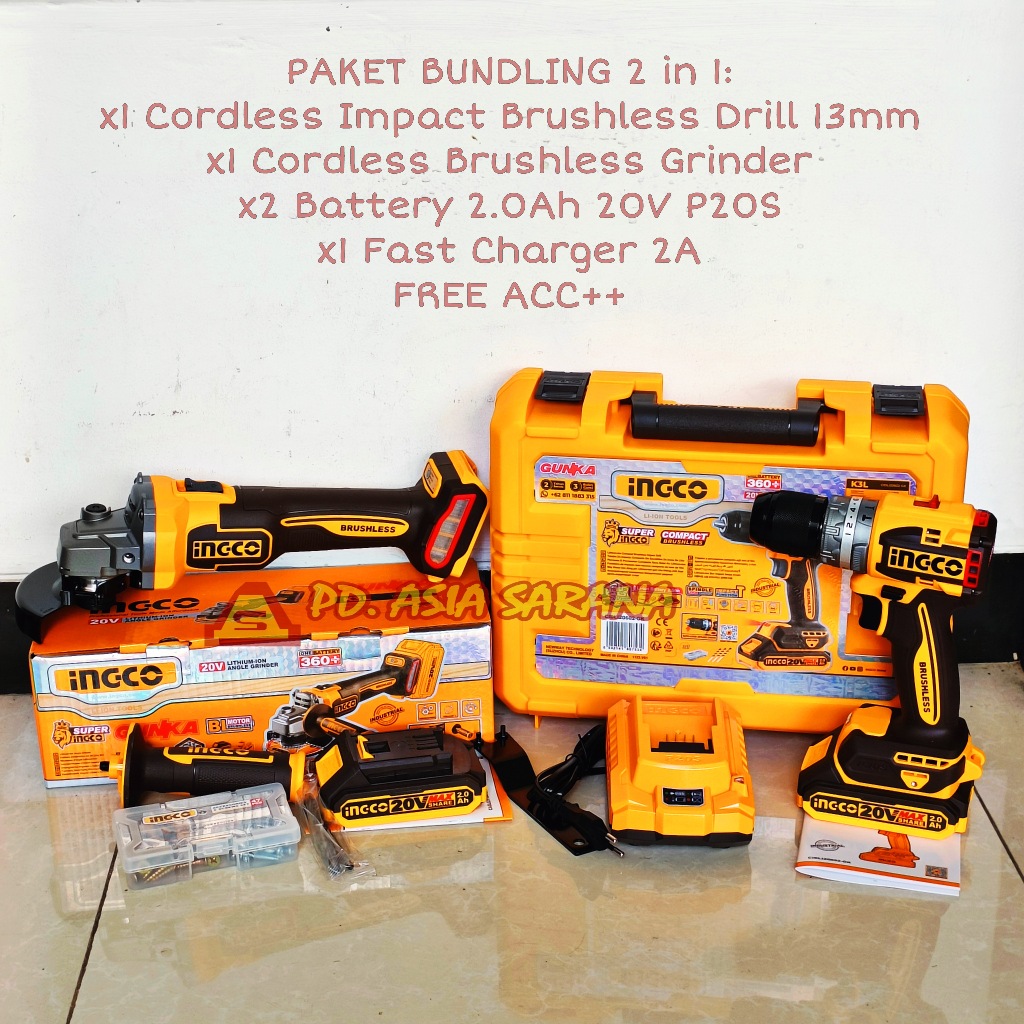 PAKET Cordless Impact Drill CIDLI20602-GK INGCO Gerinda CAGLI21104-GK