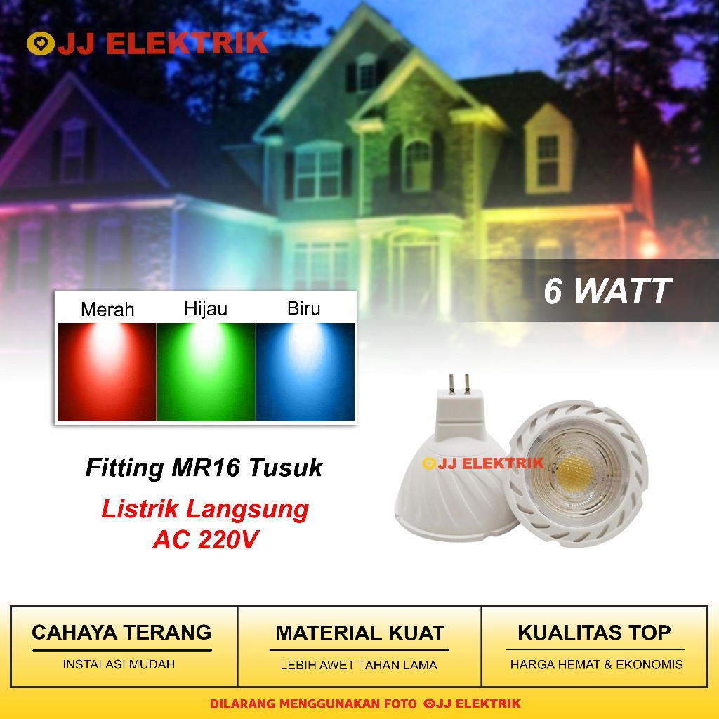 Lampu Sorot LED MR16 6W Spotlight LED Warna Merah Hijau Biru RGB 220V
