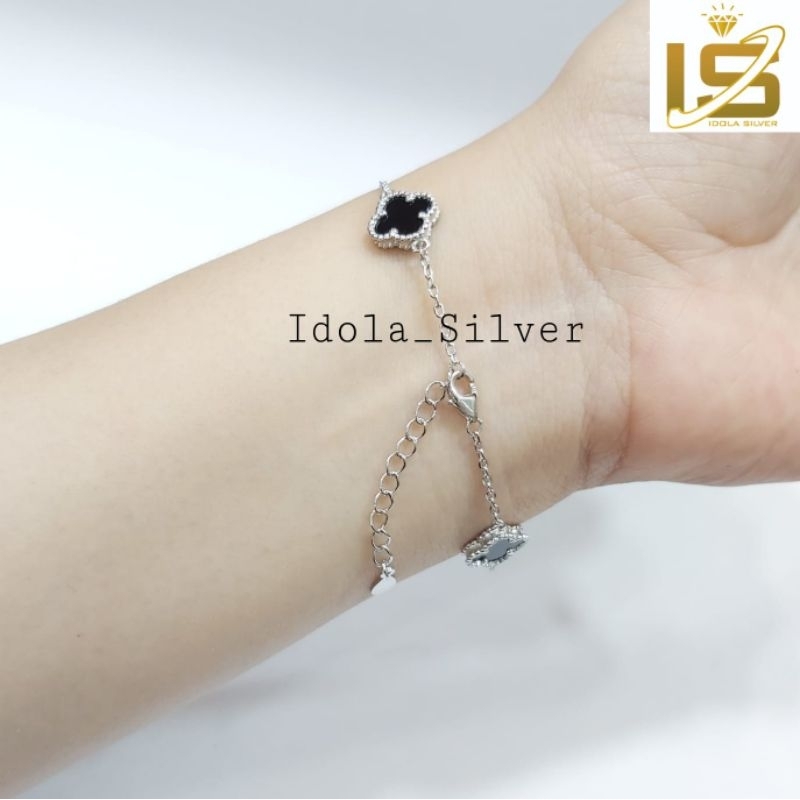 XIX Gelang Clover Perak Asli Silver 925 Lapis Emas Putih Rantai NoriPolos Gelang Clover Bunga Hitam