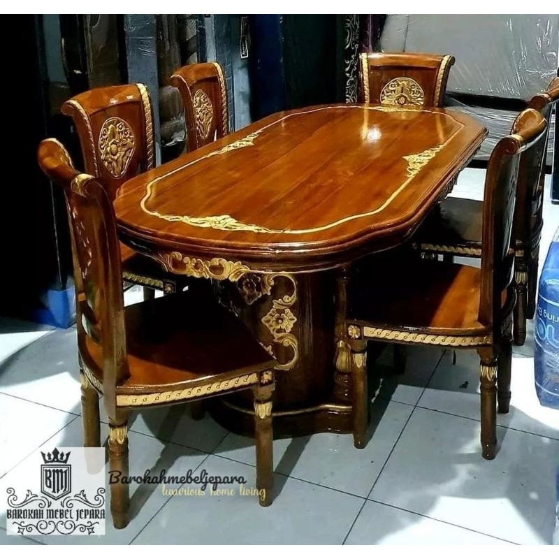 meja makan jati plus kaca terbaru , meja makan Salina , meja makan Salina jati , meja makan 6 kursi 