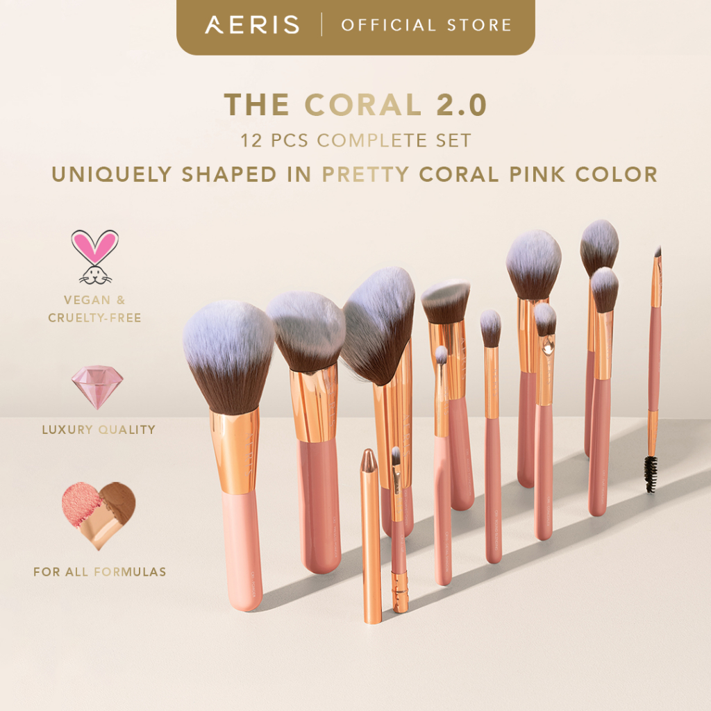 Aeris Beauté The Coral 2.0 Brush Set - 12 pcs Complete Set | Brush Make Up Set Kuas Rias Lembut Prem