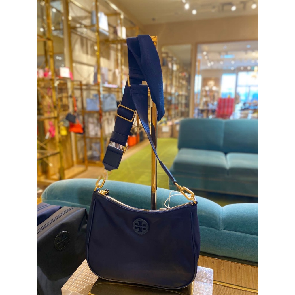 tas wanita tory burch tb nylon web mini hobo navy