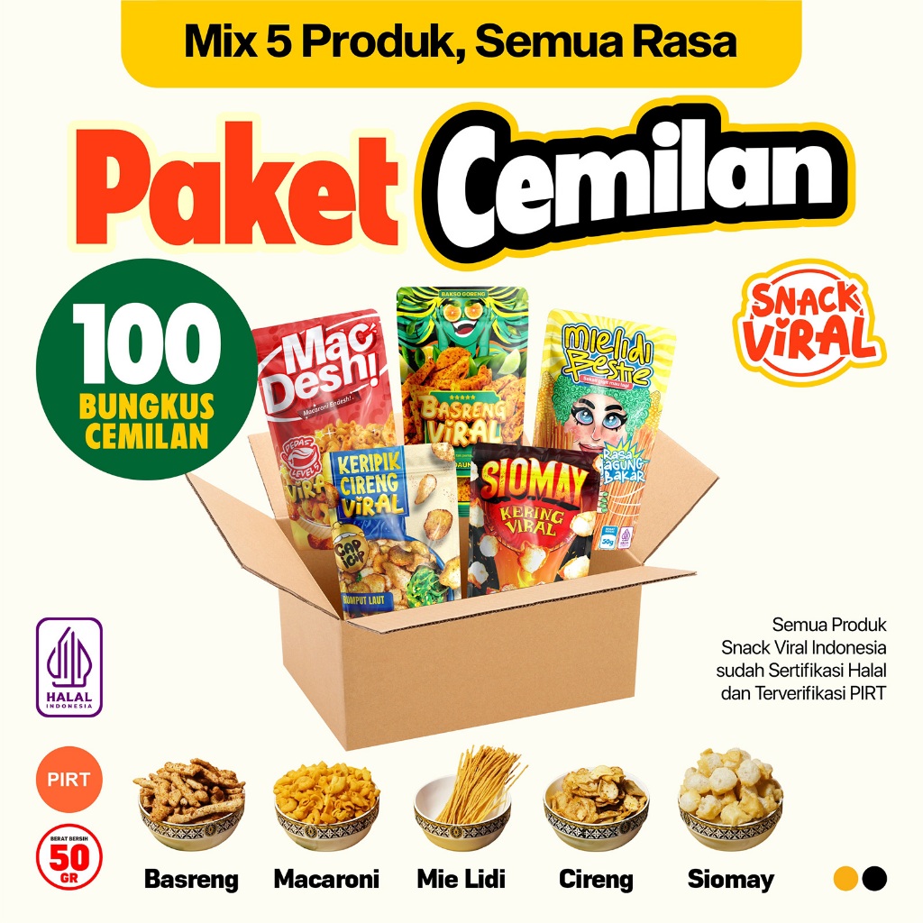 

Snack Viral - Paket Cemilan 100 Bungkus - Basreng, Makaroni, Mie Lidi, Keripik Cireng, Siomay - Usaha Murah