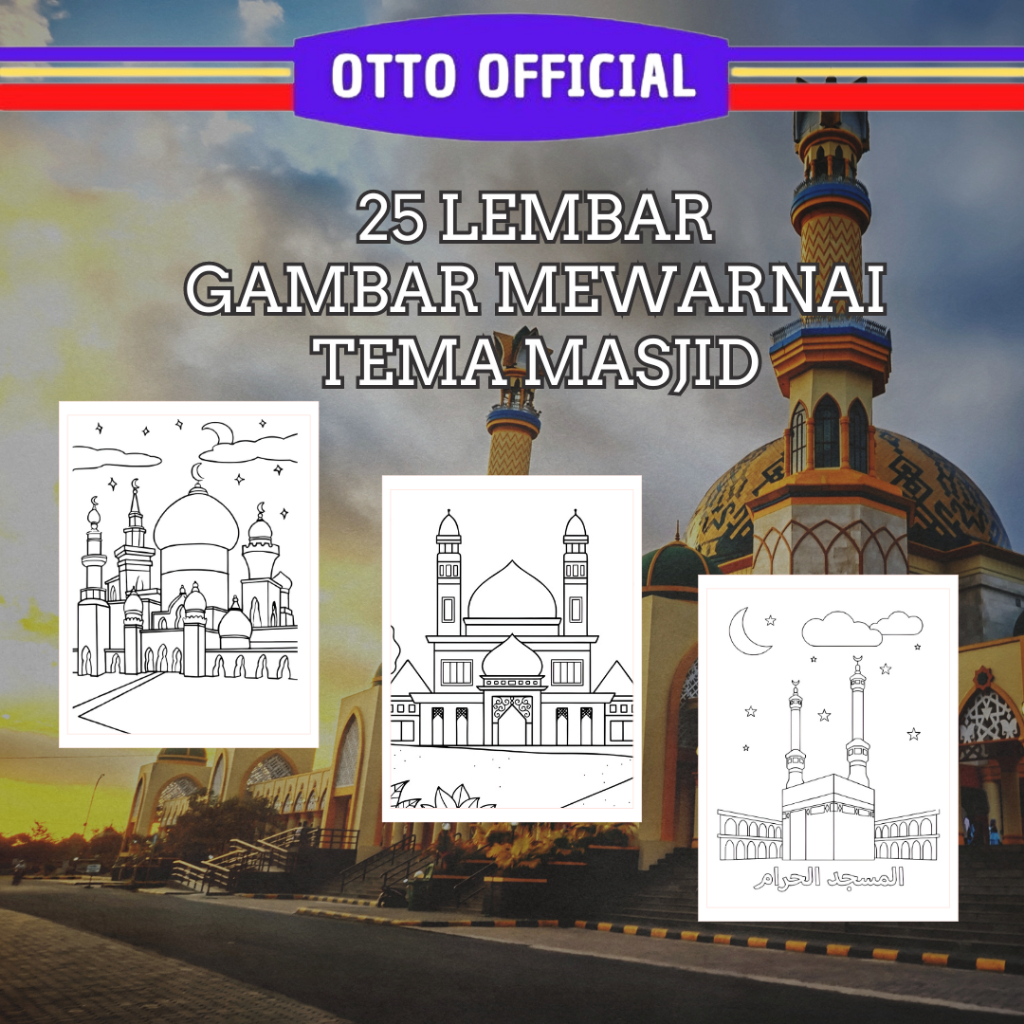25 Lembar Gambar Mewarnai A4 Tema Masjid