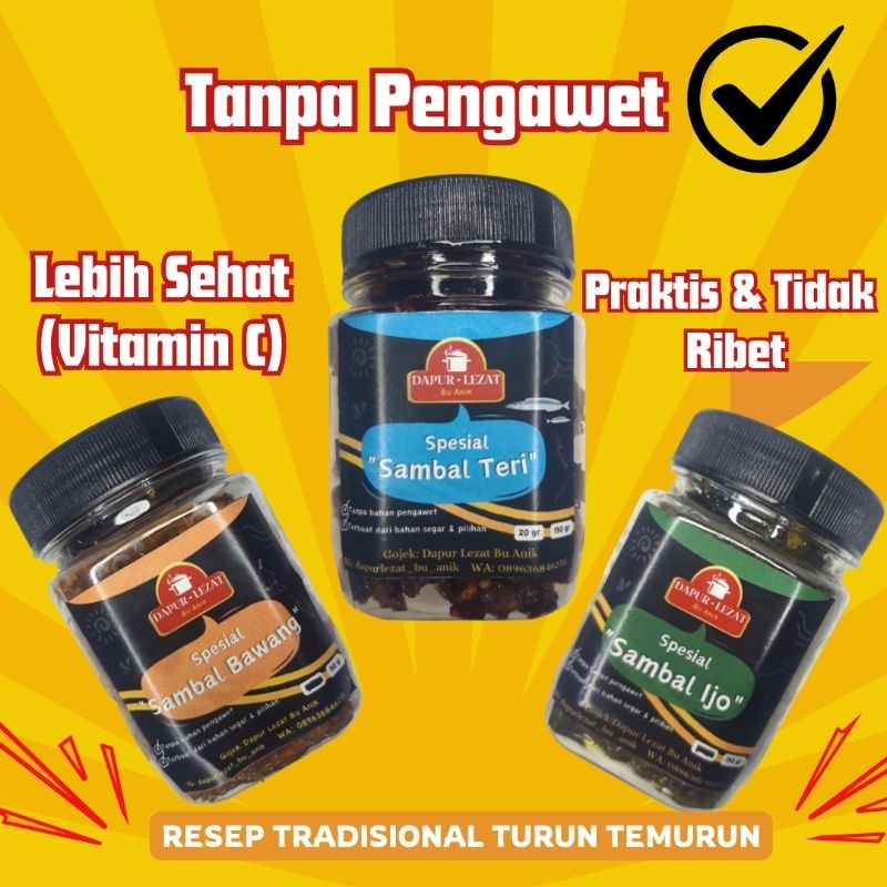 

PROMO{SAMBAL NO PENGAWET} Varian Sambal TERI, Sambal BAWANG, Sambal IJO {Dapur Lezat Bu Anik} BEBAS PENGAWET, HOMEMADE, KEMASAN BOTOL/TOPLES SEGEL AMAN