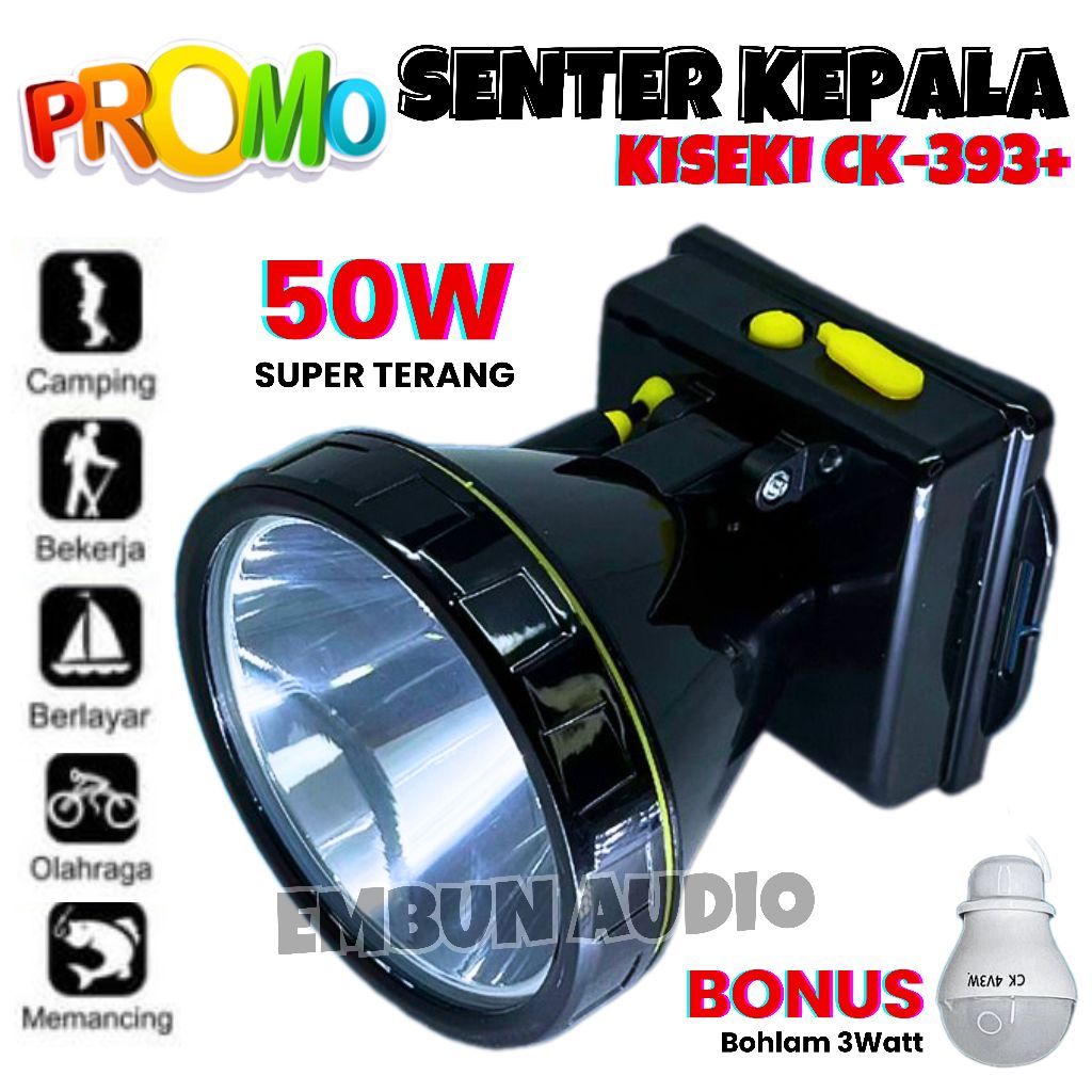 Senter Kepala KISEKI 50Watt Bonus Bohlam LED CK-393+ | Headlamp Cahaya Putih Cas Ulang Jarak Jauh Ca