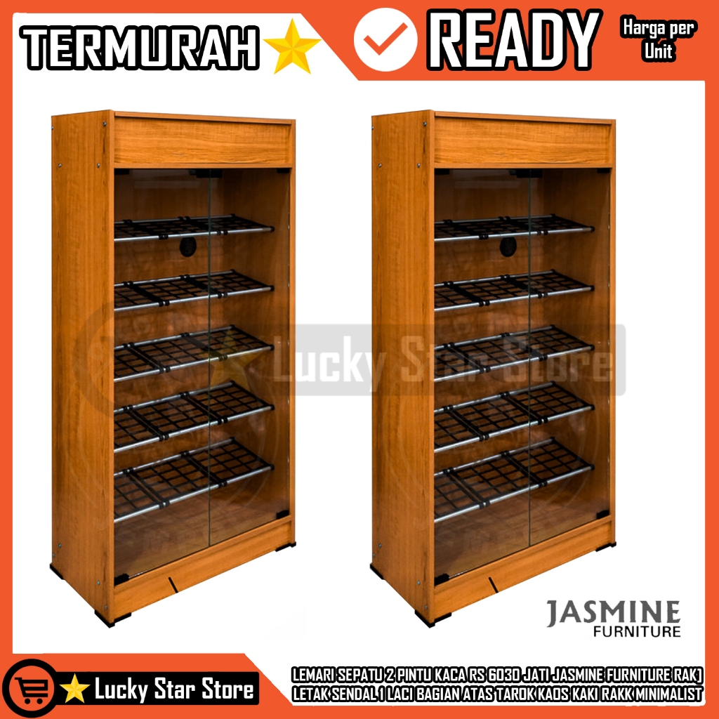 [Instant] Lemari Sepatu 2 Pintu Kaca Rs 6030 Jati Jasmine Furniture Rak Letak Sendal 1 Laci Bagian A