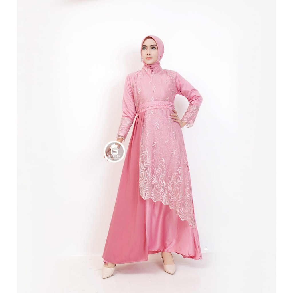 BARAJA | Gamis Hania Satu Tone | Gamis Brukat Mewah | Gamis Wanita Tile Mutiara | Gamis Kondangan Te