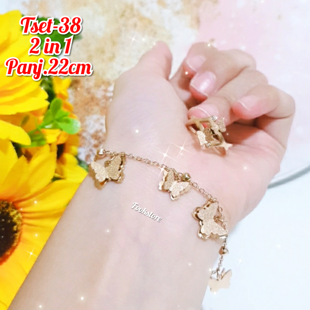 SET WANITA TITANIUM GELANG RANTAI MOTIF CINCIN  2 IN 1 KOREA FASHION  ANTI KARAT/TSET-36/TSET-40