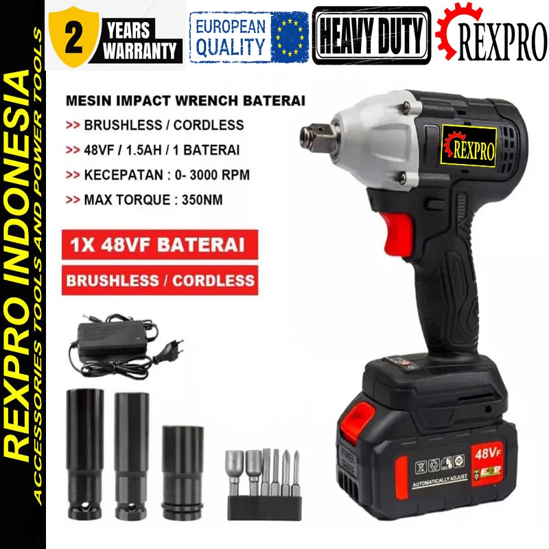 MESIN IMPACT WRENCH 48V HEAVY DUTY REXPRO EUROPE QUALIY / IMPEK BATERE / MESIN BUKA BAUT MOBIL MOTOR