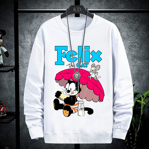 Sweater Felix The Cat Crewneck Casual White Sweatshirt Bahan Katun Fleece