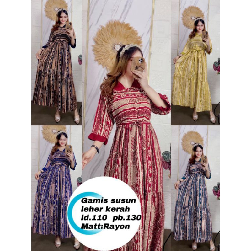 gamis susun motif etnik//gamis susun lengan rempel berkerah//gamis lebaran susun terkini