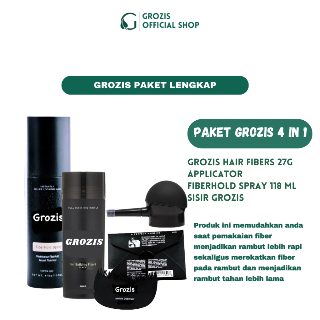 GROZIS Pelebat Rambut Hair Fiber 27.5gr Free FIberhold Spray & Aplicator