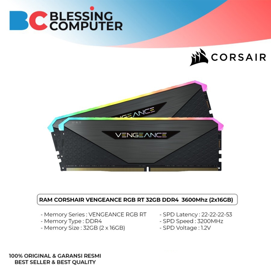 RAM 32GB CORSAIR VENGEANCE RGB RT DDR4 3600MHz ( 2x16GB )